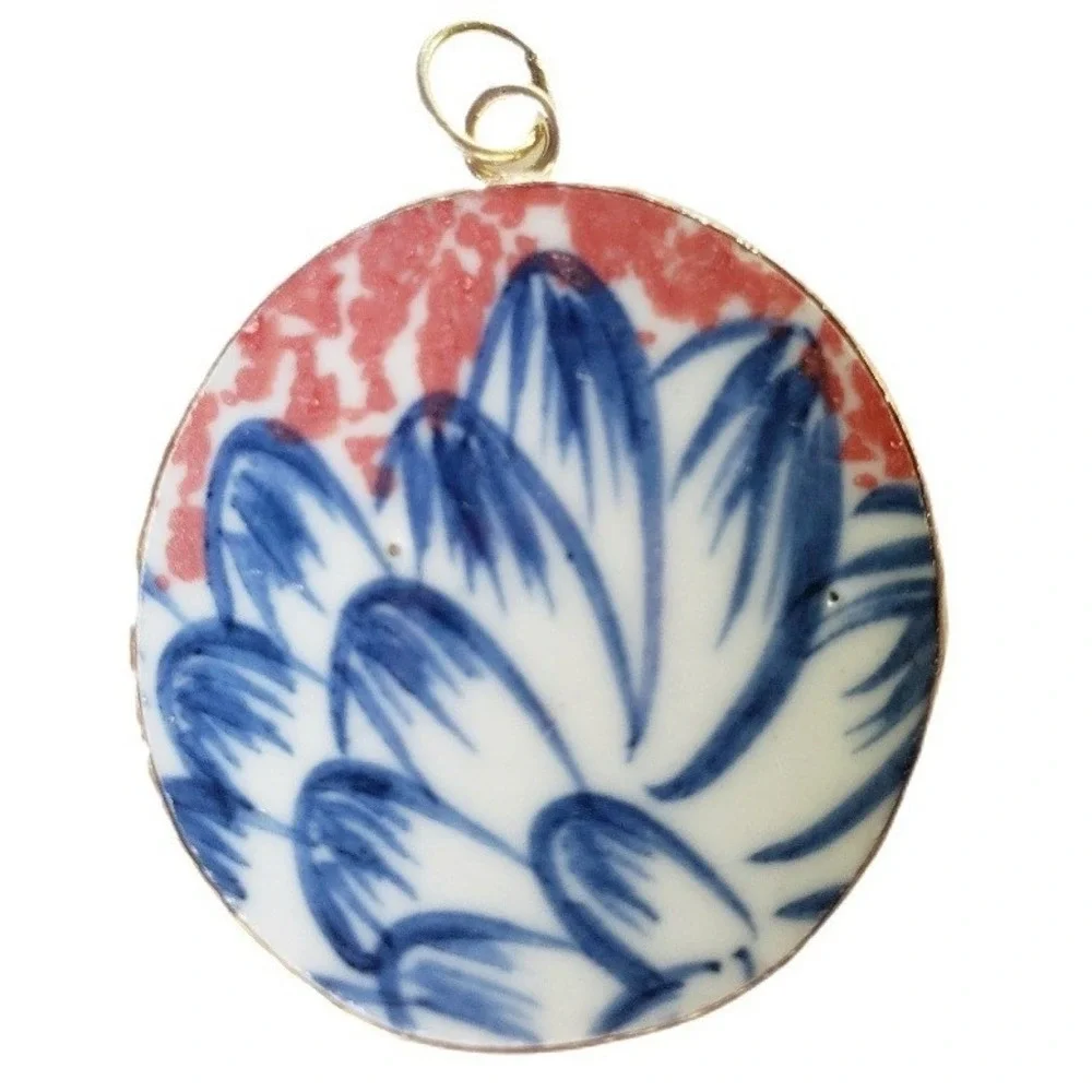 Artisan Floral Pendant Ming Blue Coral White Porcelain Pottery Shard Chinoiserie